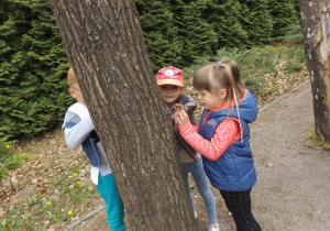 Dzieci chowają się za drzewa.